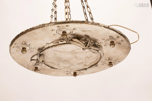 FRENCH METAL & FROSTED GLASS CHANDELIER, DIA 22