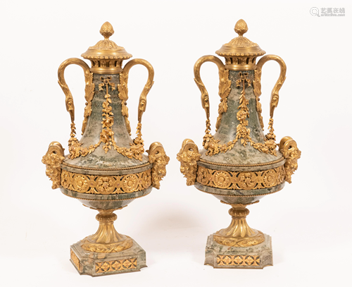 FRENCH MARBLE AND BRONZE URNS 19TH.C. PAIR H 20