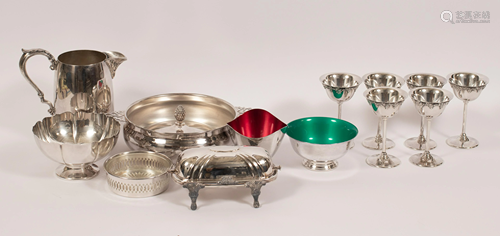 SILVER PLATE SERVING PIECES AND COCKTAIL GLASSES (13)