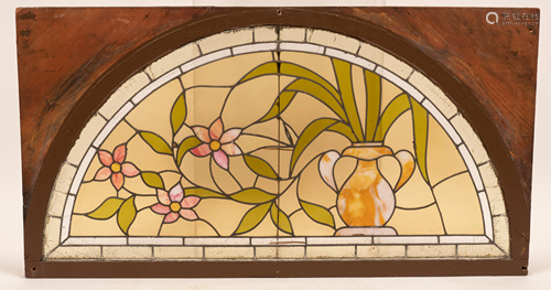 LEADED STAINED GLASS ARCHED WINDOW, H 32