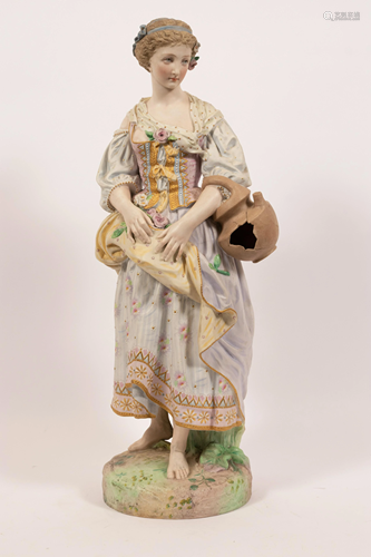 BISQUE FIGURE, GIRL WITH BROKEN WATER JUG C 1980 H 26