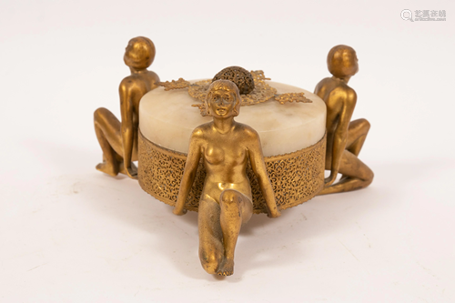 ART DECO ONYX AND GILT METAL DRESSER BOX, 3 NUDES H 4