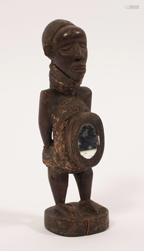 AFRICAN CARVED WOOD, MIRROR, FIBER AND PIGMENT,