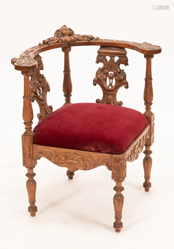 ITALLIAN CARVED WALNUT CORNER CHAIR, GRIFFIN PANELS C