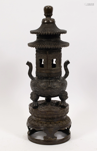 CHINESE BRONZE PAGODA-FORM CENSER, H 19