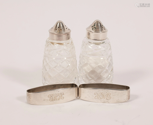 WATERFORD CRYSTAL SALT AND PEPPER, TWO STERLING NAPKIN