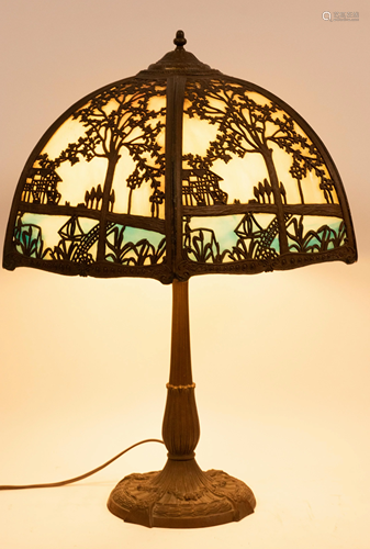 PATINATED METAL SLAG GLASS LAMP, C 1910 H 27