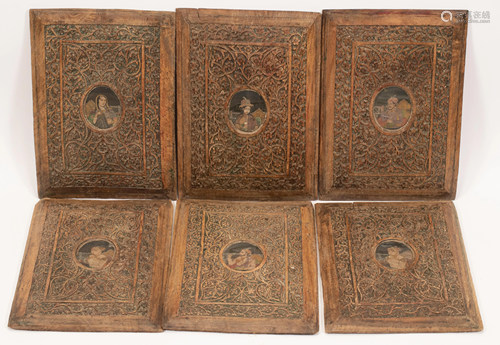 INDIAN HAND PAINTED PORTRAITS, CARVED FRAMES SIX H 1…