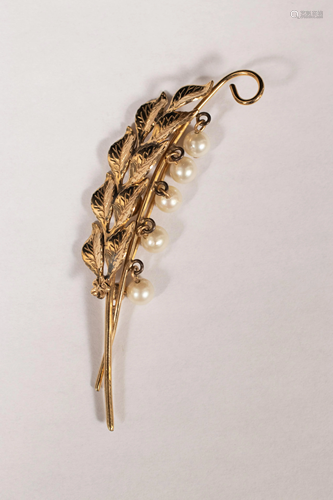 12KT GOLD BROOCH, CULTURED PEARLS L 2.7