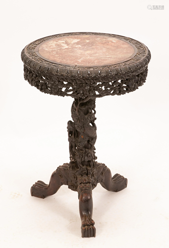 CHINESECARVED ROUND TABLE, MARBLE INSET 19TH.C. H 31