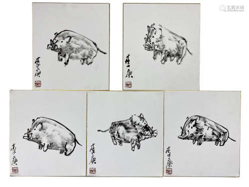李庚 色纸“猪”五件一组 纸本卡纸