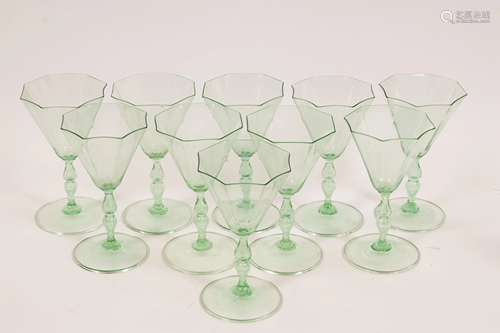 VENETIAN GLASS GOBLETS, GREEN, SET OF 10, H 7