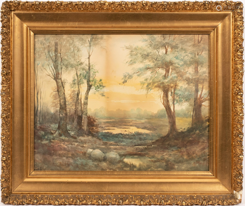 VAN VLIET, WATERCOLOR, WOODED LANDSCAPE WITH POND C.