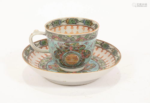 CHINESE EXPORT PORCELAIN TEACUP & SAUCER, 2 PCS, H 3