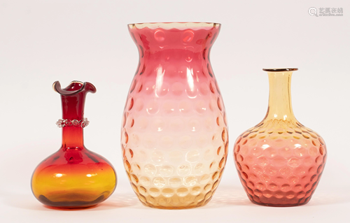 AMBERINA GLASS VASES & CARAFE, C 1880 3 PCS H 6.5