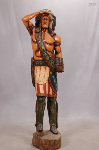 POLYCHROMED CARVED WOOD CIGAR STORE INDIAN H 80