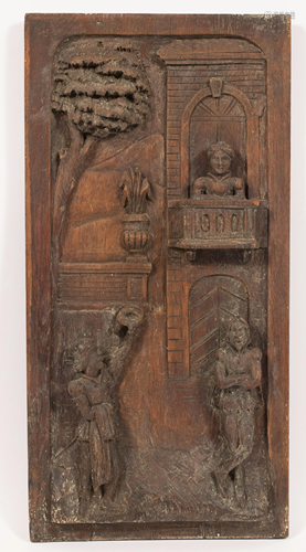 ENGLISH RELIEF CARVED BEVELED OAK PANEL 19TH.C. H 21