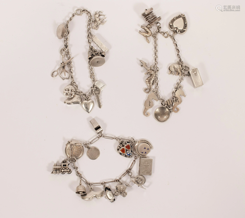 STERLING SILVER CHARM BRACELETS C.1940-1960 THREE L L