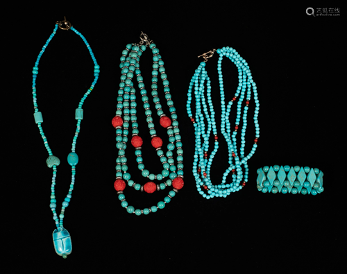 TURQUOISE BEAD NECKLACES (3) AND BRACELET L 26…