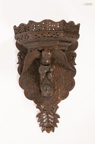 BURMESE CARVED WOOD WALL SHELF, H 22