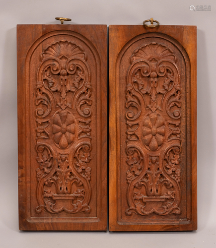 CARVED WALNUT WALL PANELS PAIR H 22