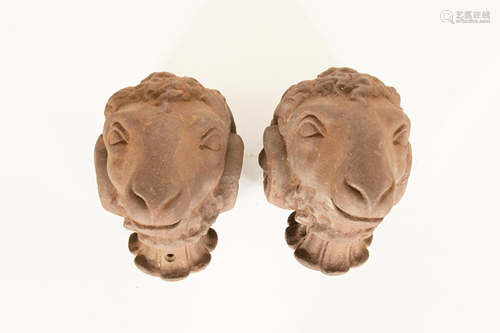 LEAD FILLED IRON RAM HEAD WALL ORNAMENTS PAIR H 6