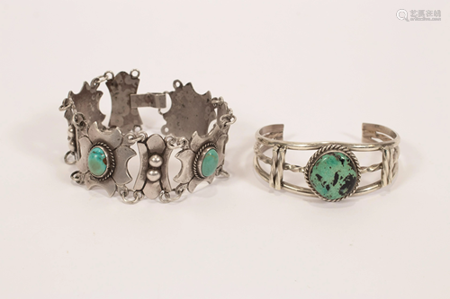 MEXICAN SILVER AND INSET TURQUOISE BRACELETS TWO L 6