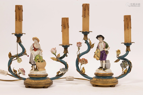 PORCELAIN FIGURES AND GILT METAL ELECTROLIERS PAIR H