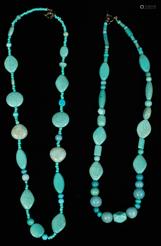 TURQUOISE AND ART GLASS NECKLACES, TWO L 28