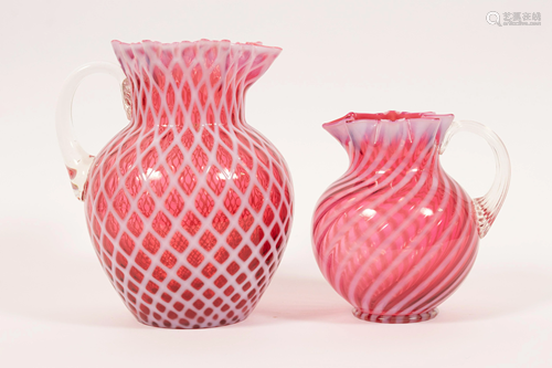 CRANBERRY BLOWN GLASS WATER PITCHERS, C 1870, 2 H 6