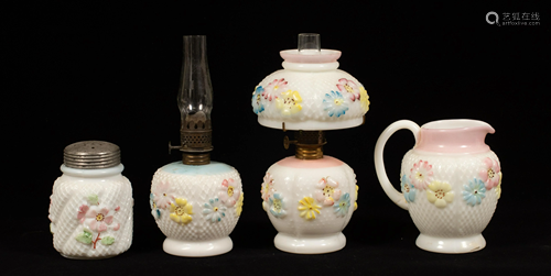 COSMOS MILK GLASS, OIL LAMPS (2), MUFFINEER, C 1880 3