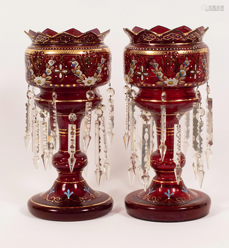 BOHEMIAN CRYSTAL LUSTERS, RUBY C 1880 PAIR H 15.5