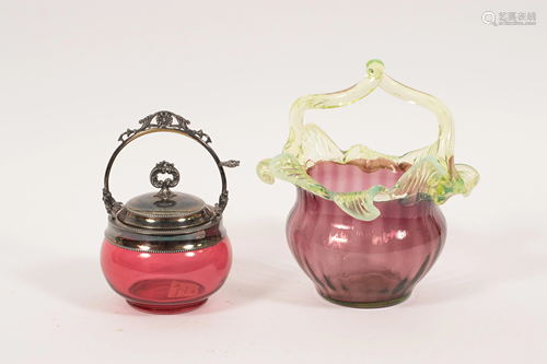 CRANBERRY GLASS JAM JAR AND BASKET C. 1870, 2 PCS H 7