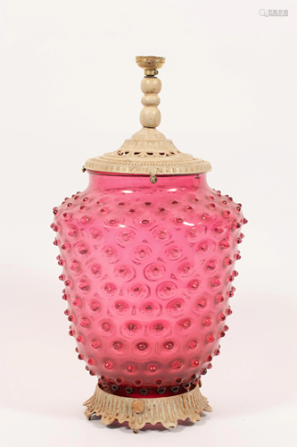 CRANBERRY HOBNAIL GLASS SHADE, NOW LAMP BASE C 1870, H