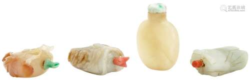 Group of Two Chinese Jade Snuff Bottles; Together with Two Chinese Agate Snuff Bottles