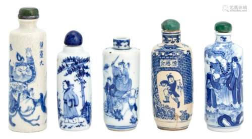 A Group of Five Chinese Blue and White Glazed Porcelain Snuff Bottles