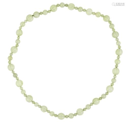 A Chinese Celadon Jade Beaded Necklace