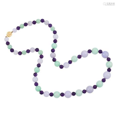 Gold, Green and Lavender Jadeite Jade and Amethyst Bead Necklace; T/W a Carved Jade Pendant, Hardstone Bead and Cord Necklace