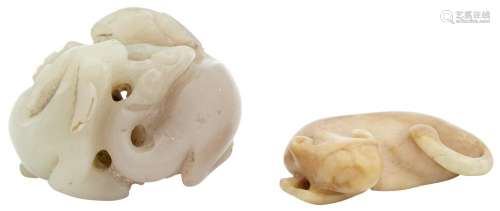 A Chinese Pale Celadon Rams Group; Together with a Chinese Jade Beast