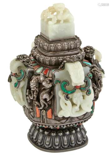 A Chinese White Jade-Adorned Mongolian Silver Covered Urn