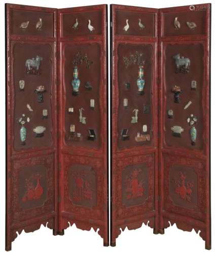 A Chinese Jade and Cloisonné Embellished Four Panel Cinnabar Lacquer Screen