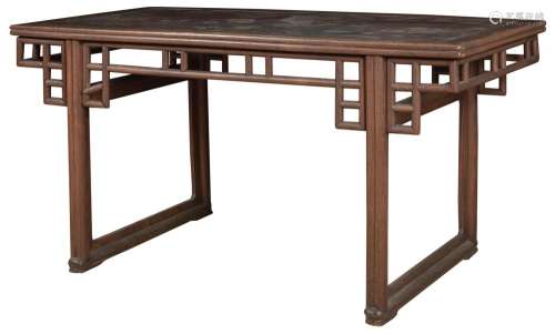 A Chinese Hardwood Trestle Leg Table with Inset Lacquer Panel