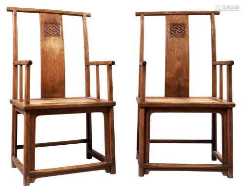 A Fine Pair of Chinese Huanghuali High-Back Armchairs