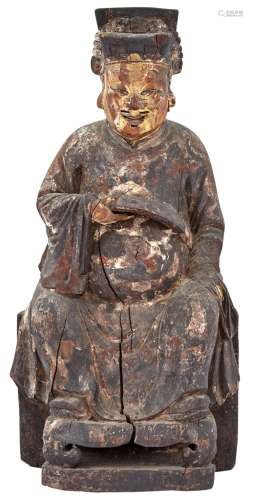 A Chinese Carved and Polychromed Wood Figure of a Seated Dignitary