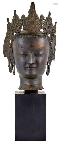 A Rare Large Sino Tibetan Bronze Head of Amitayus