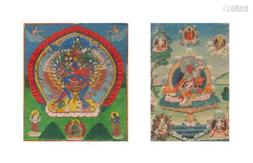 Tibetan Painted Thangka; Together with Another Tibetan Thangka