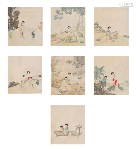 Seven Chinese Ink and Color Paintings after Qiu Ying