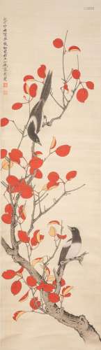 Attributed to Yu Fei'an 20th Century Hanging scroll Two magpies by red foliage