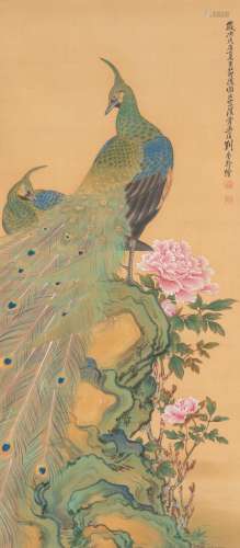 Attributed to Liu Kuiling 20th Century Hanging scroll Peacocks