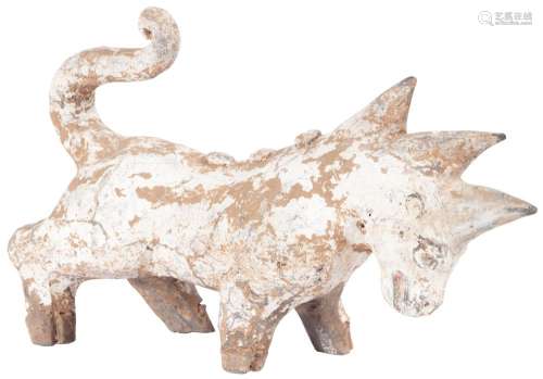 A Chinese Painted Pottery Figure of a Striding Mythical Beast